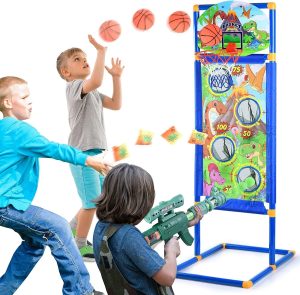 Beauenty Dinosaur Theme Shooting Game Toy for 5-10 Year Old Boys and Girls，2 Toy Foam Blasters & Guns with Shooting Target and Foam Balls, Basketball Hoop, Indoor and Outdoor Interactive Toys