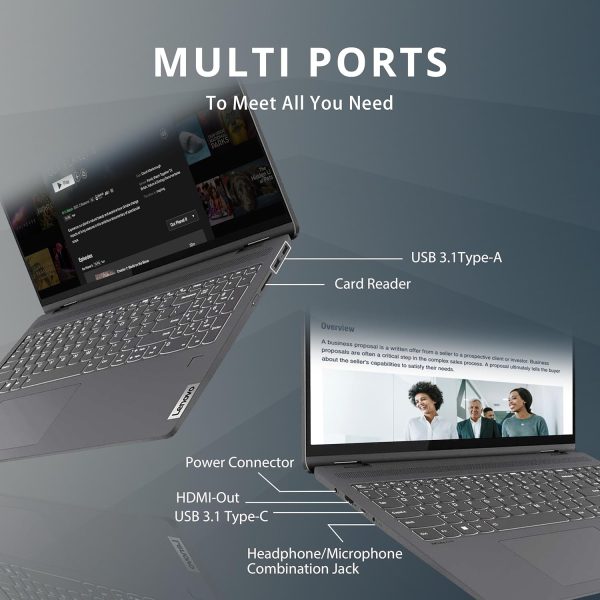 ⁦لينوفو لابتوب ايديا باد فليكس 5 16 انش 2 في 1 بشاشة لمس 2.5K IPS ومعالج انتل كور i7-1255U وذاكرة RAM 16GB وSSD 1TB وكيبورد باضاءة خلفية وقارئ بصمة وويندوز 11 برو وبطاقة USB 32GB، رمادي ستورم⁩ - الصورة ⁦8⁩