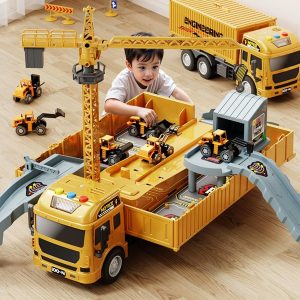 العاب للاولاد، لعبة شاحنة هندسية 18 في 1، العاب سيارات بناء، حفارة جرافة، شاحنة نقل للاطفال، هدايا للاعمار 3 4 5 6 7 سنوات للاولاد والبنات، 6 العاب سيارات من خليط معدني (اصفر)
