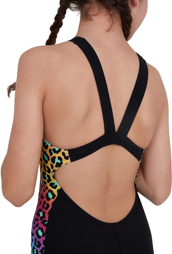 ⁦Speedo JungleGlare Allover Panel Leaderback Girls Legsuit, Black/Green Glow, 15-16 Years⁩ - الصورة ⁦3⁩