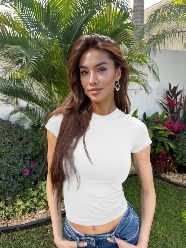 ⁦تيشيرت بيسيك بقبة دائرية ضيقة وأكمام قصيرة للنساء بلايز واي 2 كيه للخروج من ابونلين⁩ - الصورة ⁦5⁩