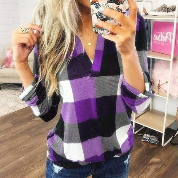 ⁦Women Long Sleeve Flannel Plaid Shirt Pullover Sexy V Neck Tops Casual Plaid Tunic Blouse Rolled Up Sleeve Check T Shirts Blouses,S-5XL⁩ - الصورة ⁦4⁩