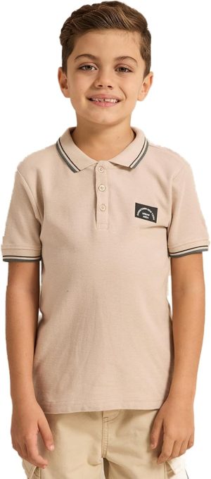 REDTAG Boys Beige Chest Logo Tipping Collar Polo