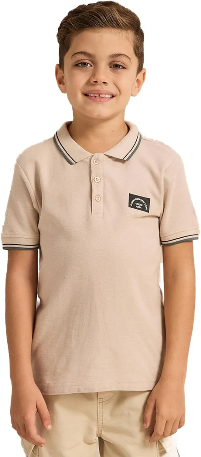 REDTAG Boys Beige Chest Logo Tipping Collar Polo