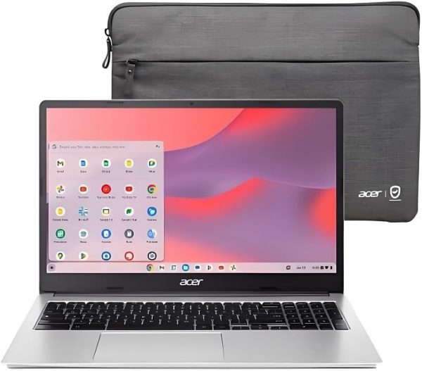 ايسر لابتوب كروم بوك 315 بشاشة 15.6 انش HD ومعالج انتل بنتيوم N6000 4GB LPDDR4X 128GB eMMC مع حافظة واقية - فضي