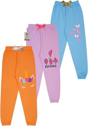 KYDA KIDS® 100% Girls Cotton Printed Track Pants (Pack of 3)