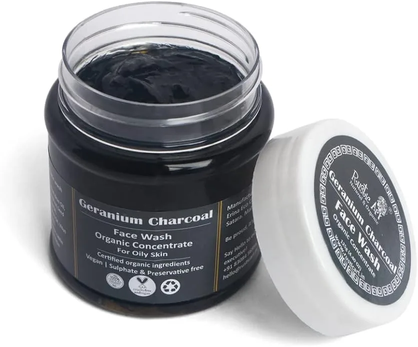 Rustic Art Geranium Charcoal Face Wash Concentrate | For Oily Skin | Deep cleanses pores, Reduces blackheads & whiteheads | 125 Gm