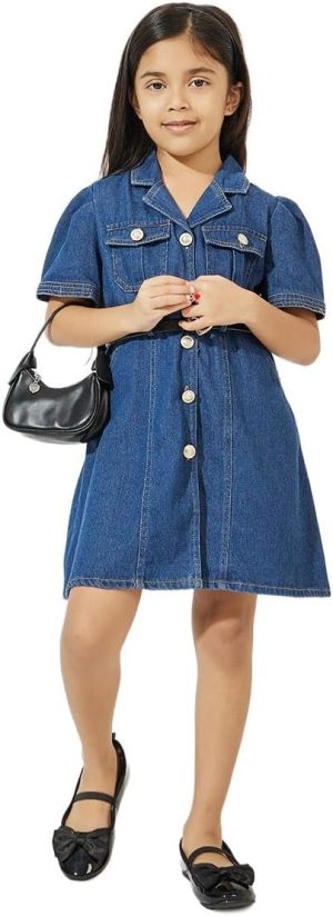 Styli Girls Solid Button Front Puff Sleeve Denim Dress With Belt