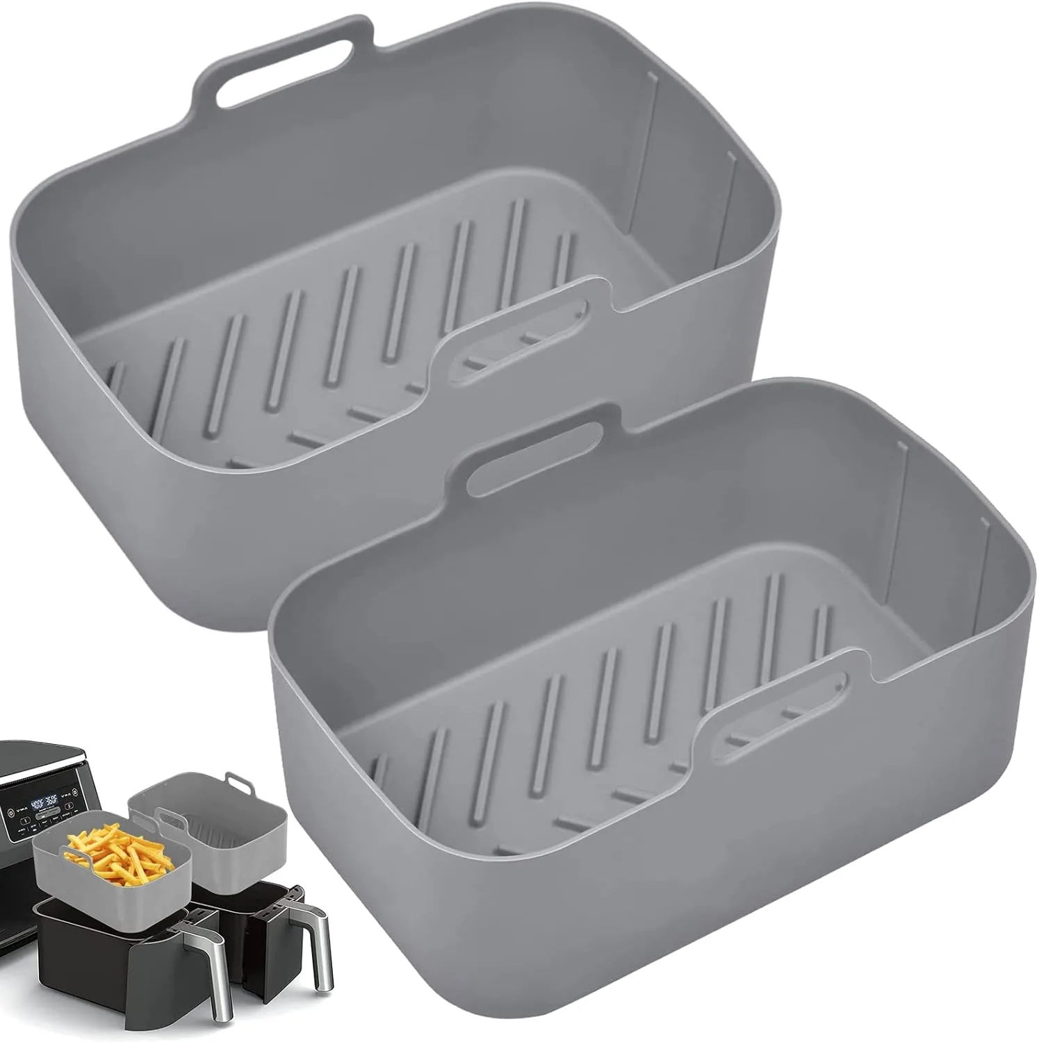 MAKINGTEC 2-Pack Silicone Air Fryer Pots for Ninja Foodi Dual DZ201/DZ401, 8 QT - Food Grade, Reusable, Non-Stick Air Fryer Liner Basket Accessories, Dishwasher Safe (Grey)
