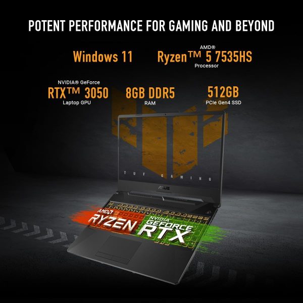 ⁦اسس لابتوب العاب تي يو اف A15 (2024) بشاشة 15.6 انش FHD 144Hz وانفيديا® جيفورس RTX™ 3050 وAMD رايزن 5 7535HS و8GB DDR5 و512GB PCIe® الجيل الرابع NVME SSD وواي فاي 6 وويندوز 11 FA506NC-ES51⁩ - الصورة ⁦2⁩