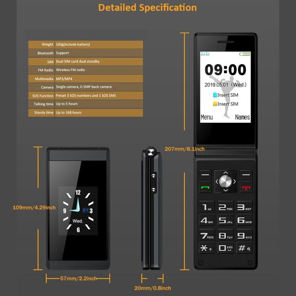 ⁦جوال كلاسيك احتياطي قابل للطي ثنائي شرائح الاتصال مع مشغل MP3 وبطارية 1200 ميلي امبير في الساعة ولوحة مفاتيح كبيرة حجم كبير زر طوارئ لكبار السن والأطفال لون أسود⁩ - الصورة ⁦2⁩