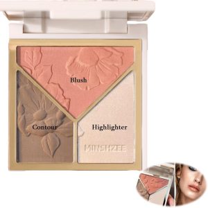 Azonee 3-in-1 Contour Palette, Highlighter, Contouring, Blusher with 2 Brushes, Silky Makeup Contouring Powder Palette