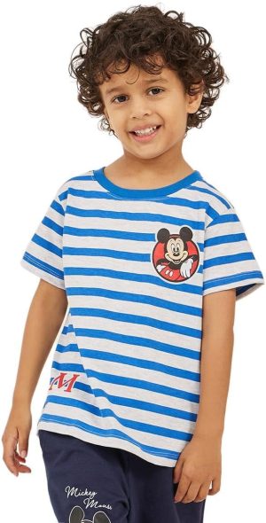 Styli Boys Mickey Mouse Print Detail Short Sleeve Striped T-Shirt