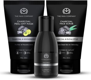 The Man Company Charcoal Face Care Kit with Peel Off Mask, Face Wash & Face Scrub | Nourishes Skin, Tan Removal, Glowing Skin - Gift Set of 3