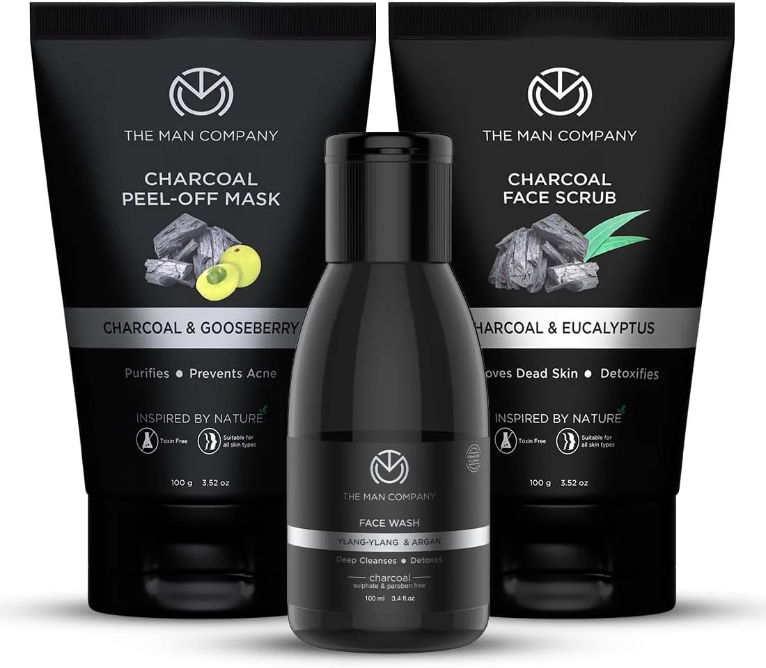 The Man Company Charcoal Face Care Kit with Peel Off Mask, Face Wash & Face Scrub | Nourishes Skin, Tan Removal, Glowing Skin - Gift Set of 3