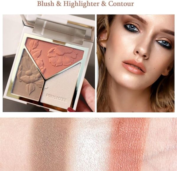 ⁦Azonee 3-in-1 Contour Palette, Highlighter, Contouring, Blusher with 2 Brushes, Silky Makeup Contouring Powder Palette⁩ - الصورة ⁦4⁩