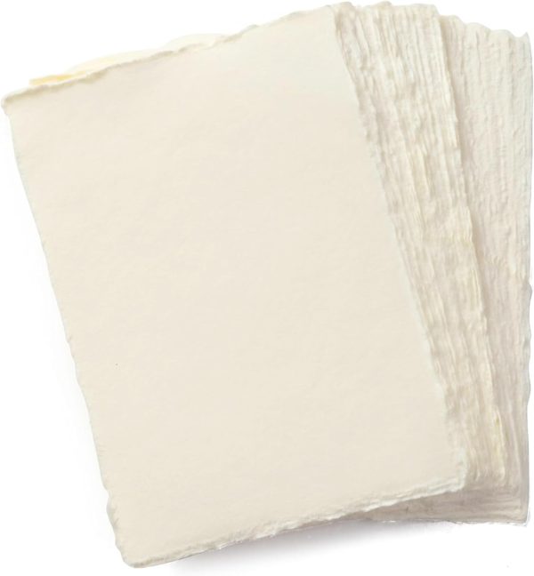 Handmade A4 Cream Mixed Media Paper with Deckle Edge - 21x30 cm - 150 GSM - Colored Cold Press Textured Paper Made with Recycled Cotton for Invitations, Crafts, Writers, Watercolor-50 Sheets