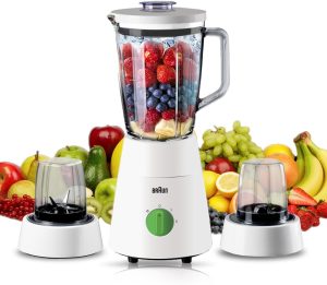 Braun Blender 3 in 1, 500W, 1.75L, Glass Jug, 2 Speeds, Pulse Function, Multi Mill, Grinder Mill, JB0153WH, White