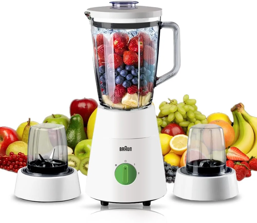 Braun Blender 3 in 1, 500W, 1.75L, Glass Jug, 2 Speeds, Pulse Function, Multi Mill, Grinder Mill, JB0153WH, White