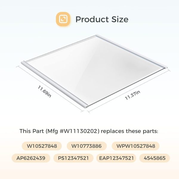 ⁦جريلث رف زجاجي بديل W11130202 متوافق مع ثلاجة ويرلبول، W10527848 W10773886 WPW10527848 WPW10527848، رف من الزجاج المقسى، مقاس الرف 11.7 انش × 11.4 انش⁩ - الصورة ⁦2⁩