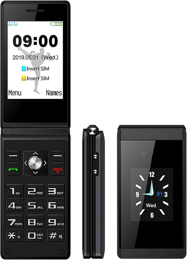 جوال كلاسيك احتياطي قابل للطي ثنائي شرائح الاتصال مع مشغل MP3 وبطارية 1200 ميلي امبير في الساعة ولوحة مفاتيح كبيرة حجم كبير زر طوارئ لكبار السن والأطفال لون أسود