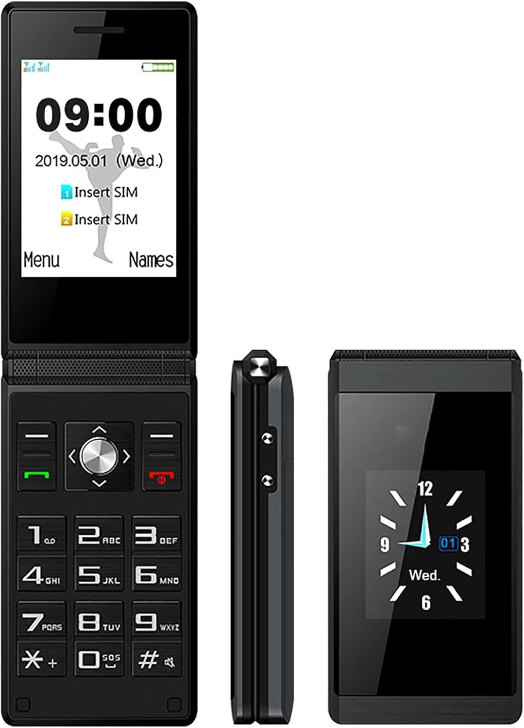 جوال كلاسيك احتياطي قابل للطي ثنائي شرائح الاتصال مع مشغل MP3 وبطارية 1200 ميلي امبير في الساعة ولوحة مفاتيح كبيرة حجم كبير زر طوارئ لكبار السن والأطفال لون أسود