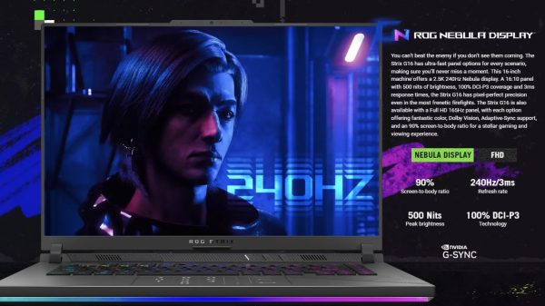 ⁦لابتوب اسوس روج ستريكس G16 G614JV-I7161G انتل كور I7-13650HX وRAM 16 جيجا|SSD 1 تيرا WUXGA بوصة 165 هرتز RTX4060 8 جيجا|TGP 140 واط|ويندوز 11|لوحة مفاتيح إنجليزي عربي اضاءة خلفية RGB بـ4 مناطق⁩ - الصورة ⁦2⁩