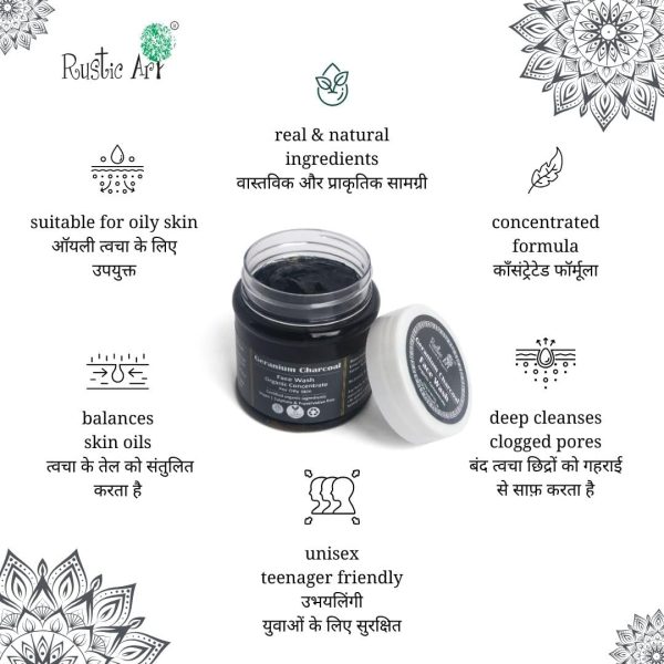⁦Rustic Art Geranium Charcoal Face Wash Concentrate | For Oily Skin | Deep cleanses pores, Reduces blackheads & whiteheads | 125 Gm⁩ - الصورة ⁦3⁩