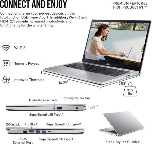 ⁦ايسر لابتوب اسباير 3 15.6 انش FHD مقاس 15 انش لطلاب الجامعة، AMD رايزن 7، ذاكرة RAM 64GB وSSD 1TB + مجموعة توصيل 512GB، ويندوز 11 برو لايف تايم اوفيس، منفذ ايثرنت، 10 مفاتيح⁩ - الصورة ⁦7⁩