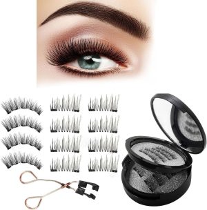ALMEKAQUZ Magnetic Eyelashes Without Eyeliner, 6 Pairs of 2-Layer Reusable Magnetic Eyelashes, Natural Looking, No Glue 3D False Eyelash Set with Applicator Tweezers, Magnetic False Eyelashes
