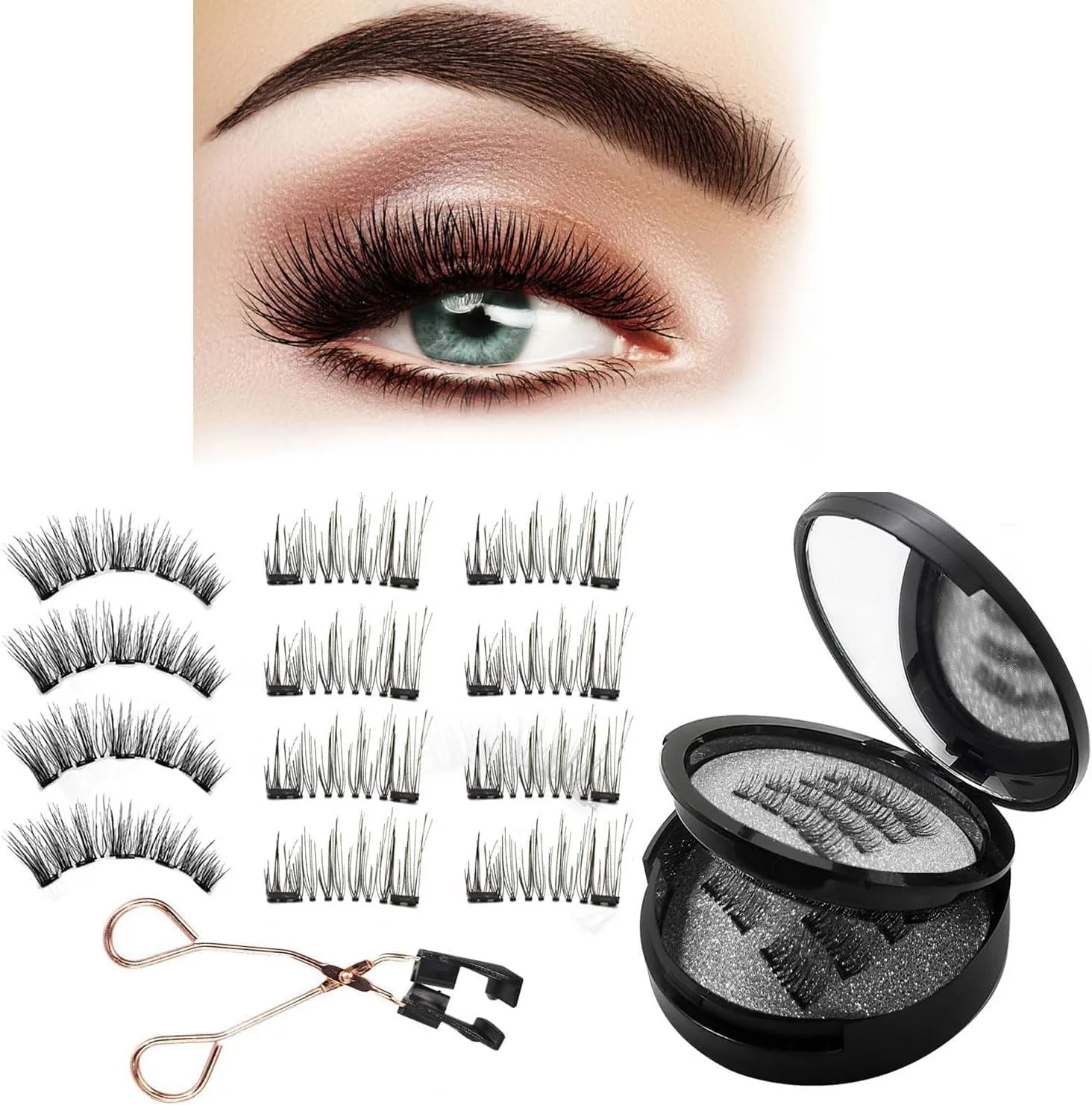 ALMEKAQUZ Magnetic Eyelashes Without Eyeliner, 6 Pairs of 2-Layer Reusable Magnetic Eyelashes, Natural Looking, No Glue 3D False Eyelash Set with Applicator Tweezers, Magnetic False Eyelashes