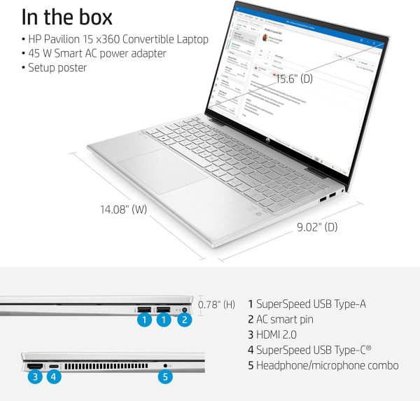 ⁦HP Pavilion x360 Convertible, Intel Core i5-1235U Processor, Intel Iris Xe Graphics, 12 GB RAM Memory, Windows 11 Home Operating System, (15-er1010nr, Natural Silver)⁩ - الصورة ⁦6⁩