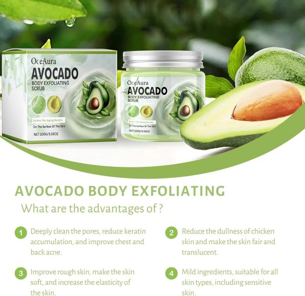 ⁦Azonee Avocado Body Scrub, Exfoliates Dead Skin Body Scrub, Foot Scrub, Body Exfoliator Cleanses Skin, Smoothes And Brightens Skin Scrub, Natural Deep Cleansing, Softening & Nourishing for Men Women⁩ - الصورة ⁦5⁩