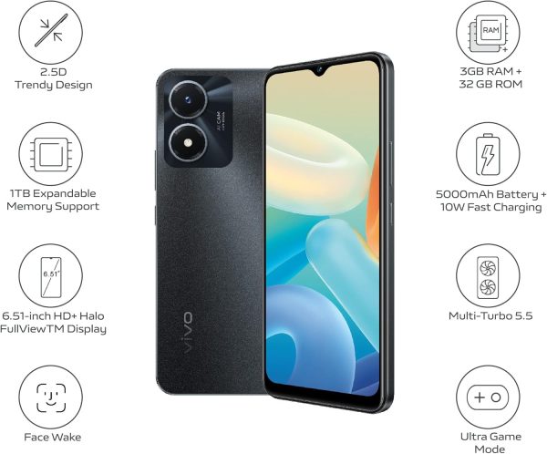 ⁦هاتف ثنائي شرائح الاتصال من فيفو موديل Y02s 4G (لون بلاك فلوريت، ذاكرة RAM 3GB، 32GB) كاميرا خلفية 8MP | بطارية 5000 ميلي امبير في الساعة | متعدد تربو 5.5 | خاصية الاستيقاظ | ضوء شاشة اورا، أسود⁩ - الصورة ⁦2⁩