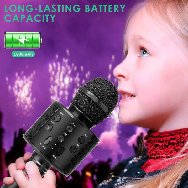 ⁦KIDWILL Wireless Bluetooth Karaoke Microphone for Kids, 5-in-1 Portable Handheld Karaoke Mic Speaker Player Recorder with Adjustable Remix FM Radio for Kids Girls Boys Teens Birthday (Black)⁩ - الصورة ⁦6⁩