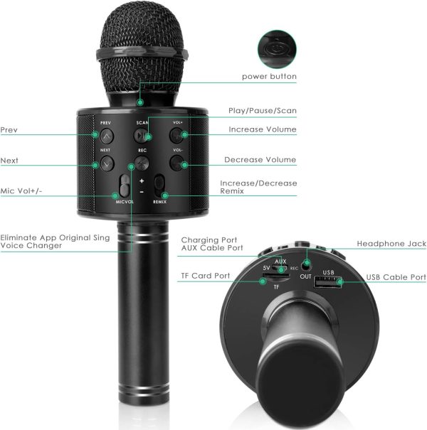 ⁦KIDWILL Wireless Bluetooth Karaoke Microphone for Kids, 5-in-1 Portable Handheld Karaoke Mic Speaker Player Recorder with Adjustable Remix FM Radio for Kids Girls Boys Teens Birthday (Black)⁩ - الصورة ⁦7⁩
