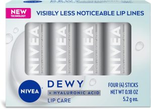 NIVEA Dewy Lip Care with Hyaluronic Acid, Lip Balm Leaves Visibly Less Noticeable Lip Lines and No Waxy Feel, 0.18 Oz, Pack of 4