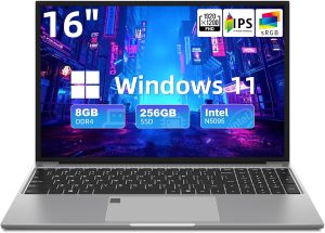 لابتوب 16 انش، انتل سيليرون N5095 رباعي النواة 2.0GHz، 8GB DDR4، 256GB SSD، شاشة FHD IPS، ويندوز 11، خفيف الوزن ومحمول، كاميرا ويب، واي فاي، بلوتوث، فتح بصمة الاصبع، مثالي للعمل والدراسة