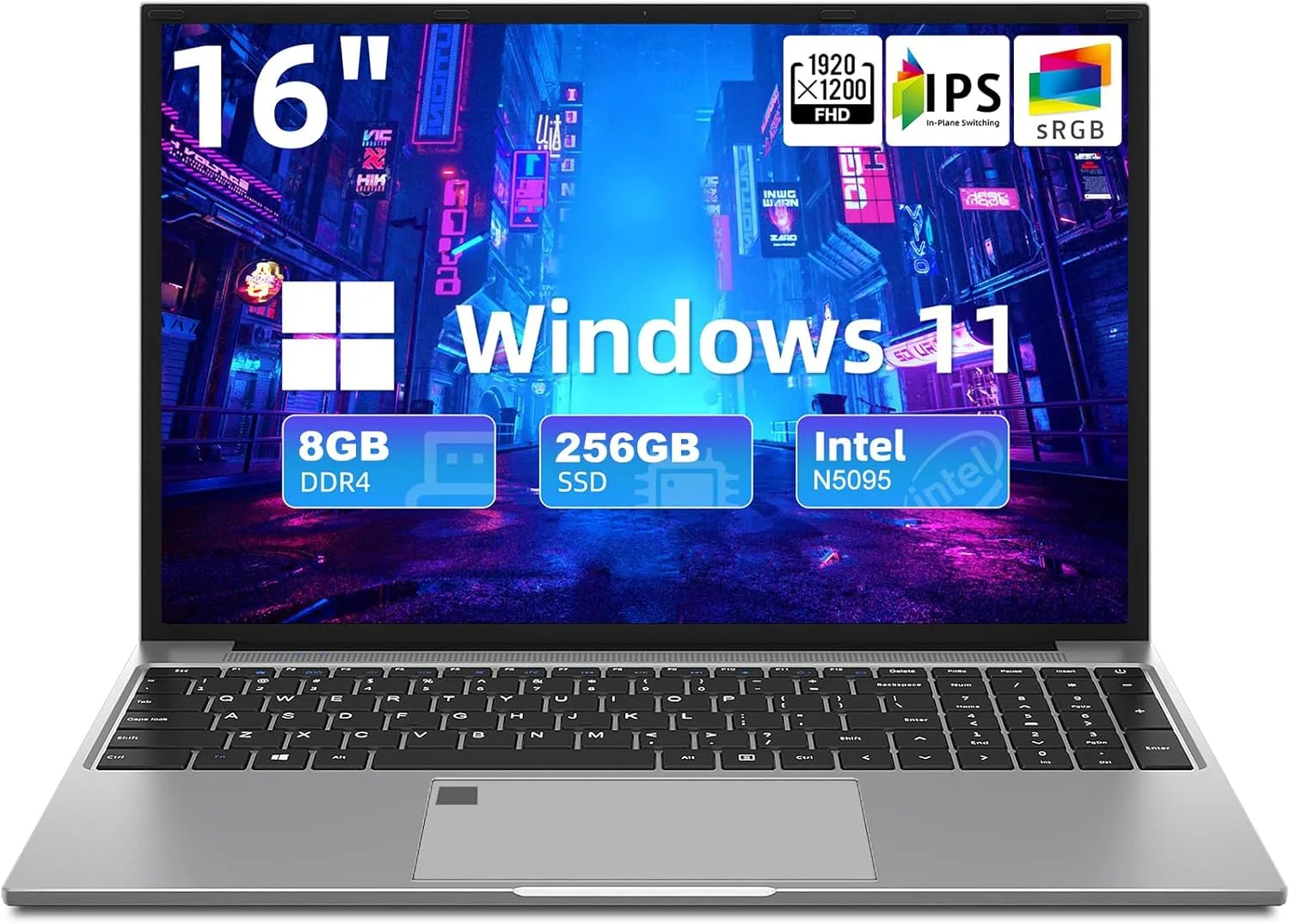 لابتوب 16 انش، انتل سيليرون N5095 رباعي النواة 2.0GHz، 8GB DDR4، 256GB SSD، شاشة FHD IPS، ويندوز 11، خفيف الوزن ومحمول، كاميرا ويب، واي فاي، بلوتوث، فتح بصمة الاصبع، مثالي للعمل والدراسة