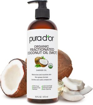 PURA D'OR 16 Oz ORGANIC Fractionated Coconut Oil - MCT Oil - 100% Pure & Natural USDA Certified Cold Pressed Carrier Oil - Unscented, Hexane Free Moisturizer For Face, Skin & Hair Tonic - Men & Women