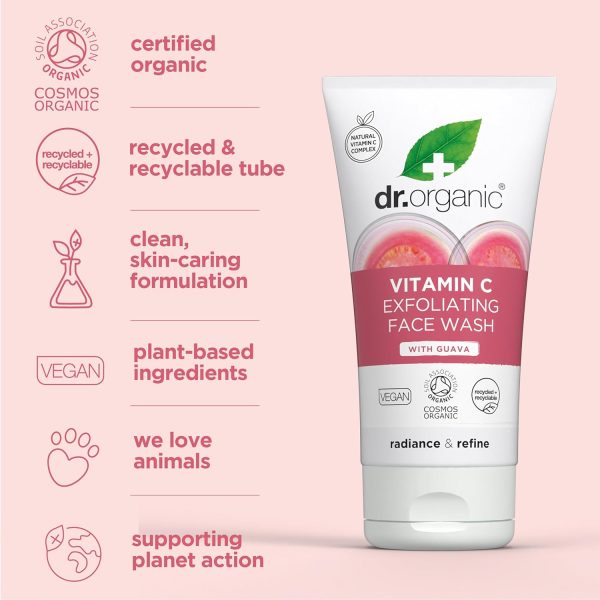 ⁦Dr Organic, Organic Guava Exfoliating Face Wash, Vitamin C, Natural, Vegan, Cruelty Free, Paraben & SLS Free, 150ml⁩ - الصورة ⁦4⁩