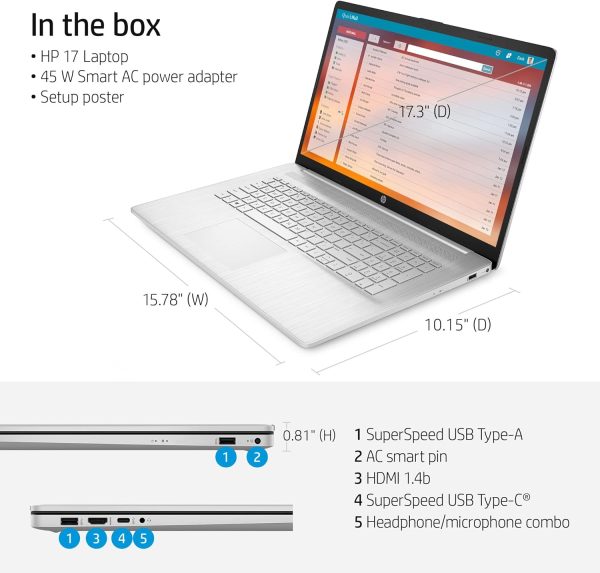 ⁦HP لابتوب 17 انش ويندوز 11| AMD رايزن 5 5500U بيت i7-1165G7| تيار متردد لاسلكي| USB C| عمر بطارية طويل| حافة عريضة ضيقة|كيبورد رقمي|كاميرا ويب|كيبل HDMI (32GB DDR4 RAM| 1TB PCIe SSD)⁩ - الصورة ⁦8⁩