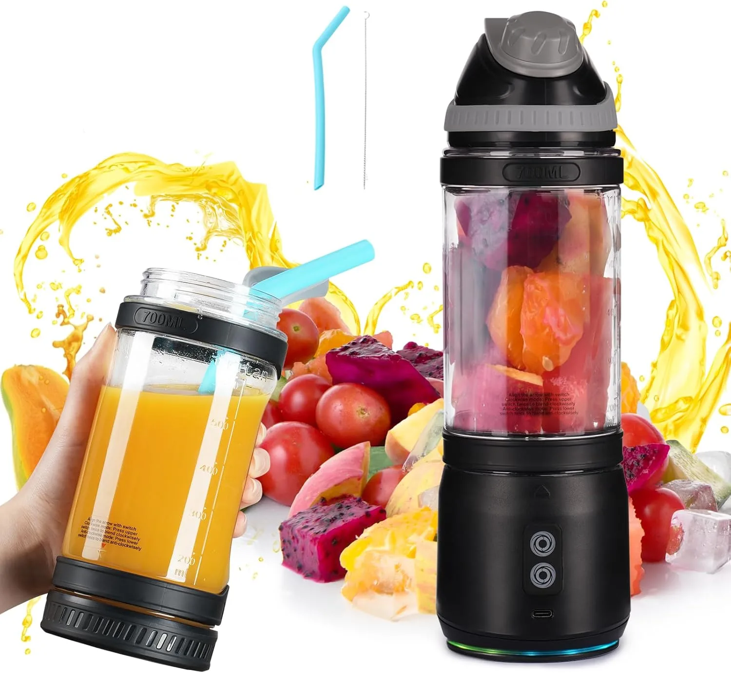 ZUERST Personal Size Hand Blender, Mini Travel Smoothie Maker With Lid Straw, Wireless Portable, 700ml, Black