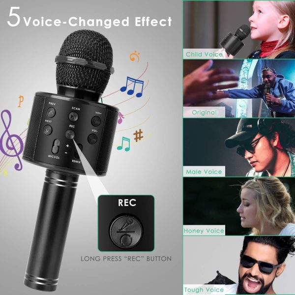 ⁦KIDWILL Wireless Bluetooth Karaoke Microphone for Kids, 5-in-1 Portable Handheld Karaoke Mic Speaker Player Recorder with Adjustable Remix FM Radio for Kids Girls Boys Teens Birthday (Black)⁩ - الصورة ⁦5⁩