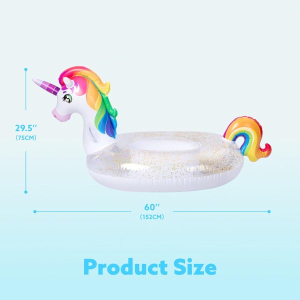 ⁦JOYIN Inflatable Unicorn Pool Float with Glitters, Fun Beach Floaties, Ride On Unicorn Raft, Pool Toys, Summer Party Lounge Raft Decorations for Kids (69" x 29.5" x 33.5")⁩ - الصورة ⁦6⁩