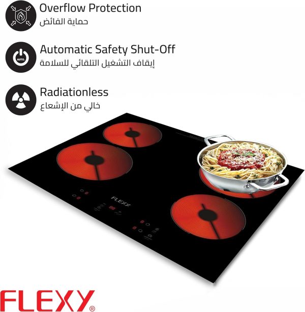 ⁦فلكسي® موقد سيراميك بالاشعة تحت الحمراء بـ4 شعلات، قوي وامن ومتعدد الاستخدامات، حماية من الحرارة الزائدة/التدفق الزائد، ايقاف تلقائي، متوافق مع جميع الاواني، زجاج سهل التنظيف، موفر للطاقة، بدون لهب⁩ - الصورة ⁦6⁩