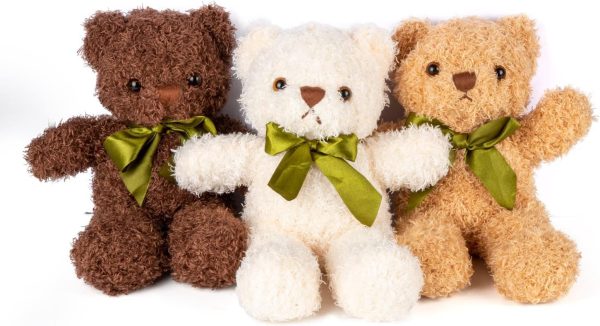 TERRIFI 3 Packs Teddy Bear Stuffed Animals 3 Colors Plush Toys with 6 Pieces Bow Ties 9 Inch Height Cute Soft Teddy Bears Gift for Baby Shower Wedding Birthday Party Favors (Dark Brown, Golden, White)