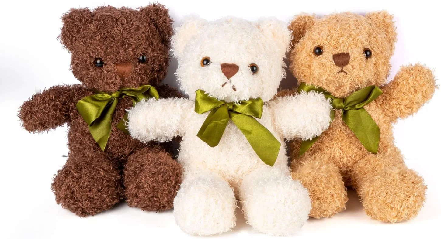 TERRIFI 3 Packs Teddy Bear Stuffed Animals 3 Colors Plush Toys with 6 Pieces Bow Ties 9 Inch Height Cute Soft Teddy Bears Gift for Baby Shower Wedding Birthday Party Favors (Dark Brown, Golden, White)