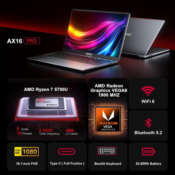 ⁦ACEMAGIC Laptop with Metal Case and Backlit Gaming Laptop AMD Ryzen 7 5700U (8C/16T, up to 4.3 GHz) for Gamer Notebook, 16.1 Inch FHD, 16GB DDR4.512GB M.2 SSD, WiFi 6, BT5. 2, HDMI (Grey)⁩ - الصورة ⁦2⁩