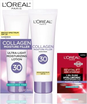 L'Oreal Paris Collagen Moisture Filler Face Cream with Broad Spectrum SPF 30, Anti-Aging Face Moisturizer and Daily Sunscreen For Face, Includes Face Serum Sample